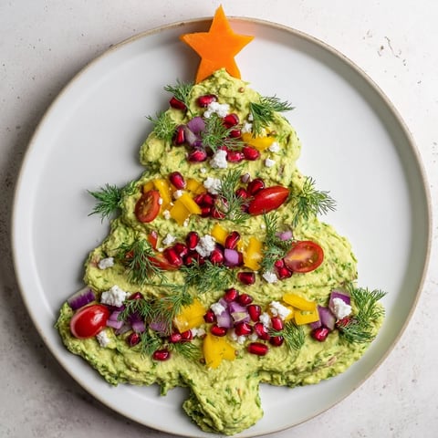 Creamy whipped avocado Christmas tree dip decorated with colorful festive, fresh vegetables, ready to serve.