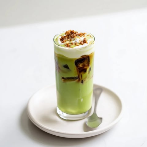 Rich, layered Caramel Brulée Iced Matcha Christmas Coffee, a festive holiday treat with whipped cream.