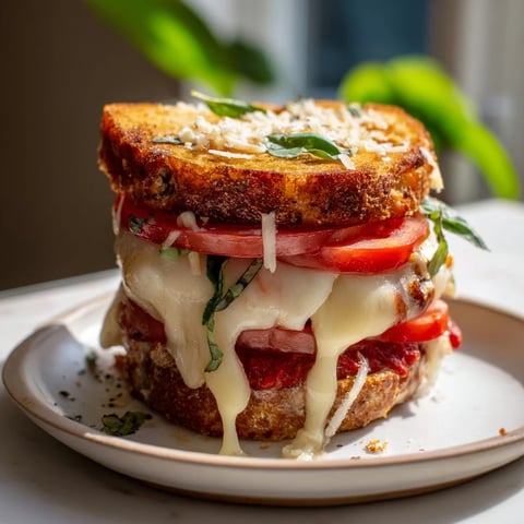 Air Fryer Pizza Margherita Grilled Cheese, golden and bubbly, oozing with melted mozzarella and tomato slices within.
