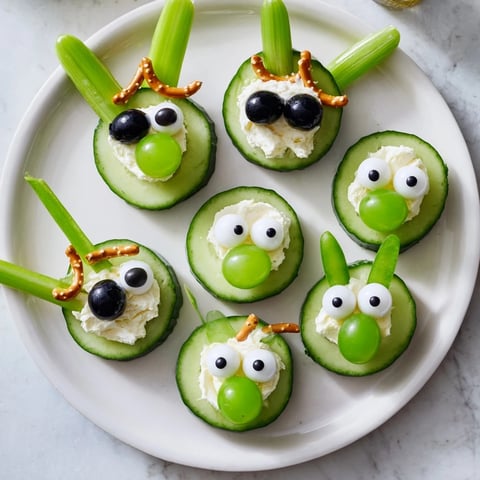 Little green men alien snack attack arranged on a platter, ready for a kid's party with fresh cucumber bases.