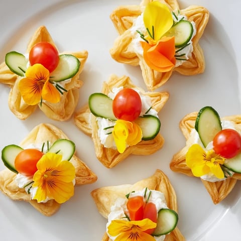 Vibrant Fairy Garden Flower Shaped Snacks with colorful vegetable toppings and creamy cream cheese filling.