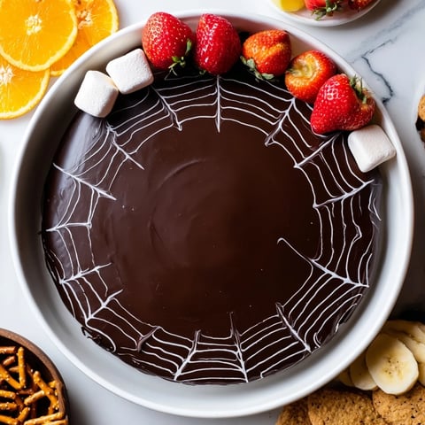 Close-up of a Spiderweb Chocolate Ganache Board, rich dark chocolate covered in a white web design.