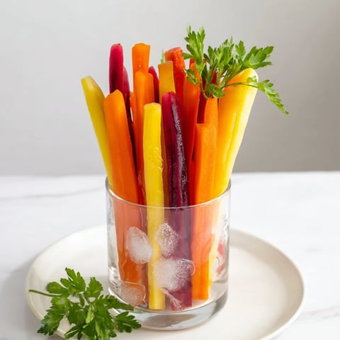 Simple Crudités: vibrant rainbow carrot sticks artfully arranged in elegant tall glasses, ready to serve.