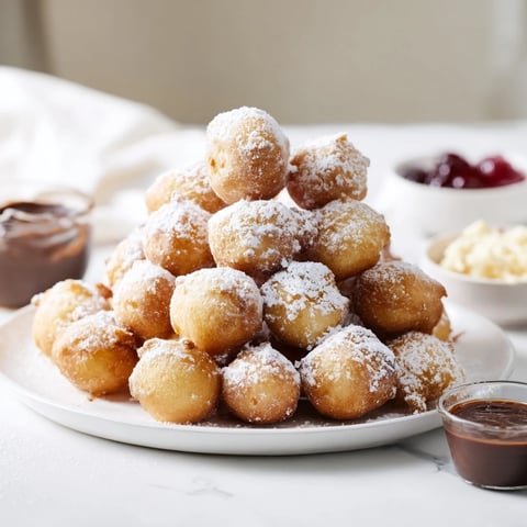 A fluffy powdered donut holes mountain, dusted in sugar, ready for dipping and enjoying.