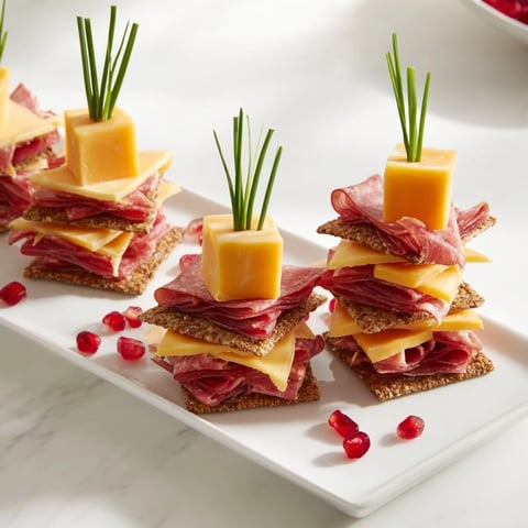 Layered Urban Skyline appetizer with colorful cheese, meat, and chives create a stunning edible cityscape.