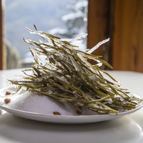 A beautiful winter cheese board with sugared rosemary "frosted pine" trees and white cheddar snow.