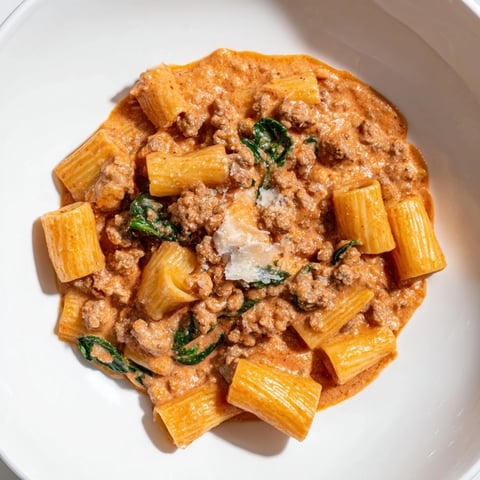 One-Pot Italian Sausage Tomato Pasta simmering with sausage, herbs, and bubbly, rich tomato sauce.