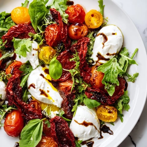 Tomato Flight Salad with roasted tomatoes, creamy burrata, and fresh basil, a vibrant Italian-inspired starter.