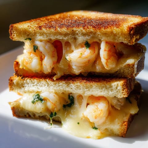 Quick Shrimp Grilled Cheese, golden-brown and oozing cheese, perfect for a cozy, satisfying meal.