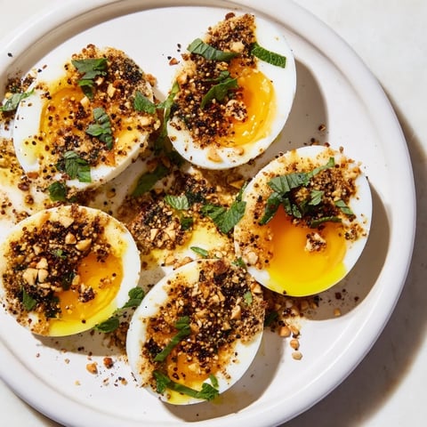 Dukkah-Spiced Eggs are a colorful brunch delight, perfectly prepared with vibrant herbs and crunchy dukkah.