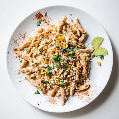 Fork-tender penne pasta coated in creamy Mexican street corn sauce, garnished with crumbled cotija and fresh cilantro leaves.
