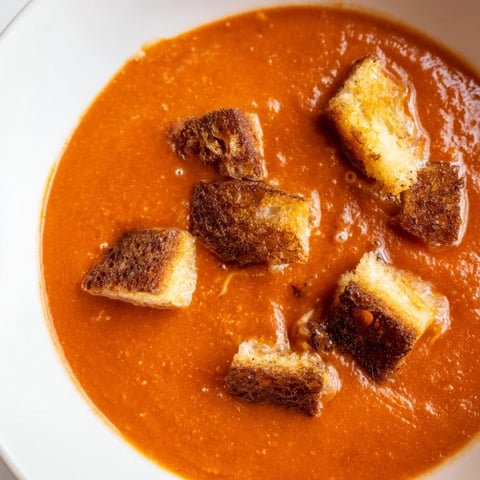 A close-up of Roasted Tomato Soup with Grilled Cheese Croutons in a rustic bowl, garnished with fresh basil.  