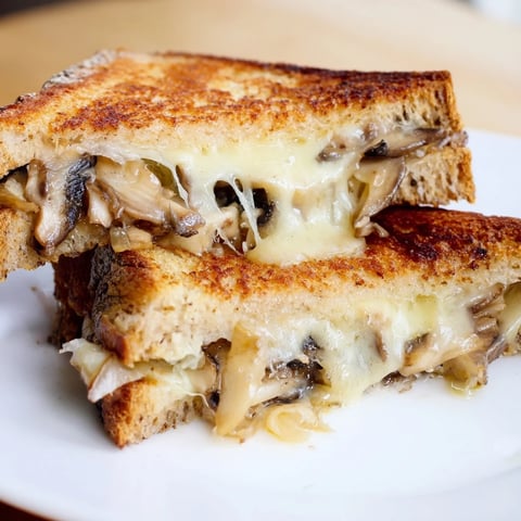 Golden-brown rye bread slices hold melted Swiss cheese and savory sautéed mushrooms, forming a warm, melty Mushroom Swiss Grilled Cheese.