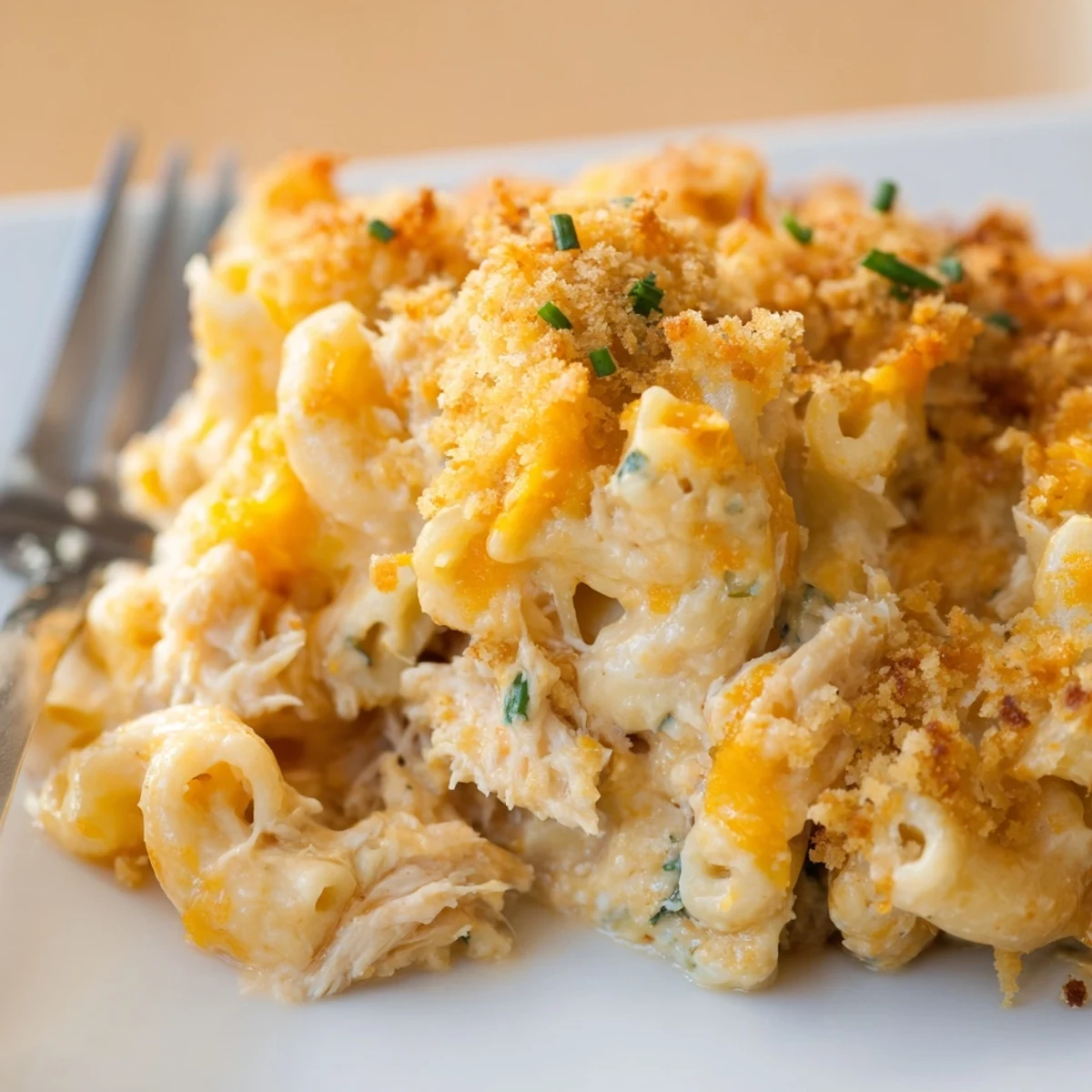 Creamy Buffalo Chicken Dip Mac and Cheese, topped with golden panko breadcrumbs, ready to serve.  