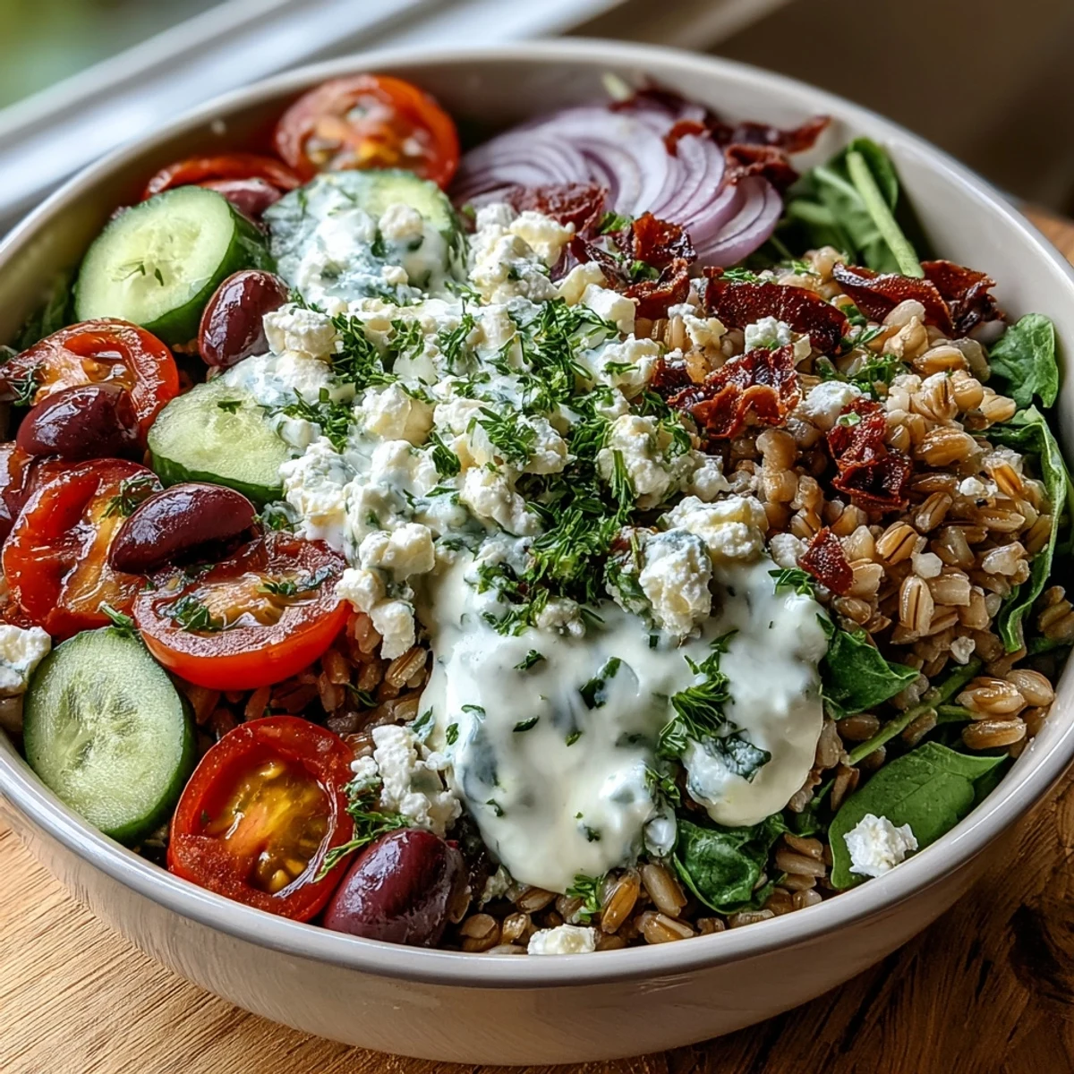 A vibrant Mediterranean Farro Bowl with creamy tahini dressing, topped with chickpeas, feta, and fresh parsley on a wooden table.