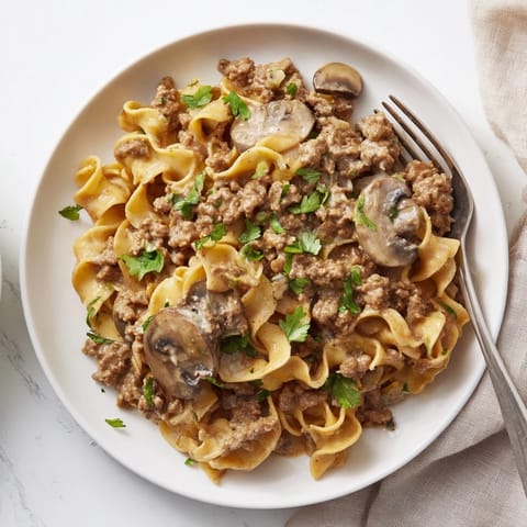 Delicious taco seasoned ground beef stroganoff, rich in creamy sauce and savory flavors.  