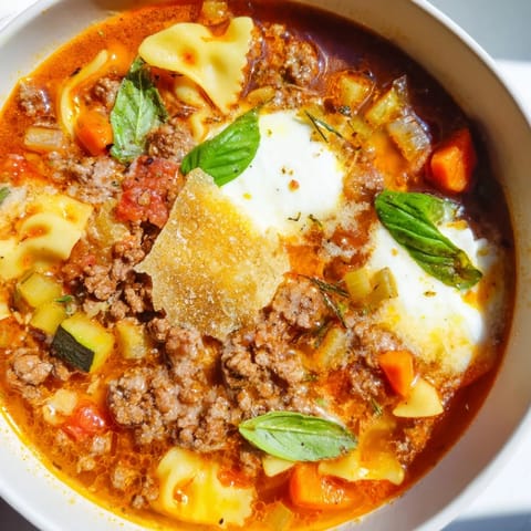 Hearty Lasagne Soup topped with golden Parmesan crisps and fresh basil garnish.  