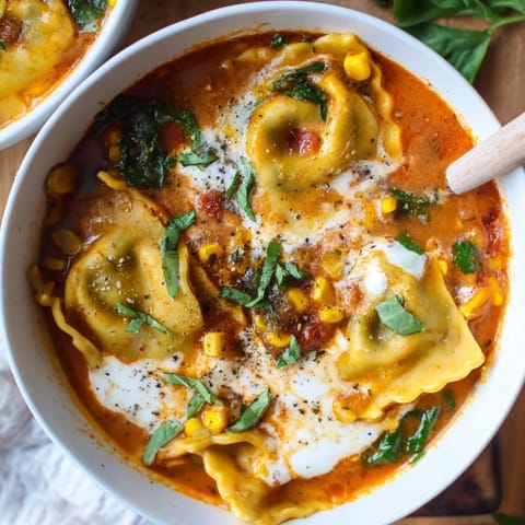 Comforting Lasagne Soup with Sweet Corn Masala garnished with spinach and melty cheese.  