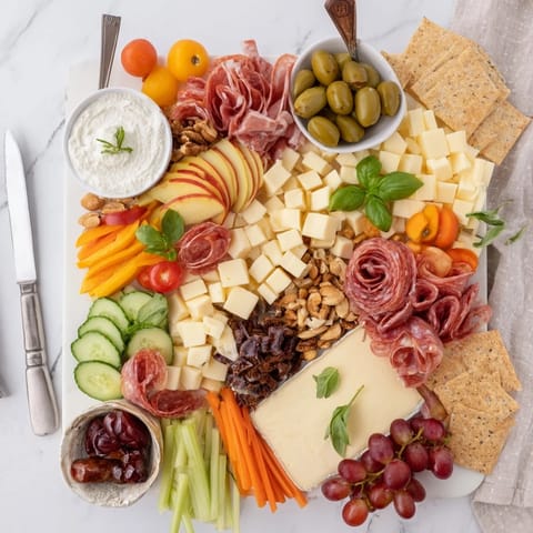 Delightful girl dinner platter featuring dips, veggies, and gourmet cheese selections.  