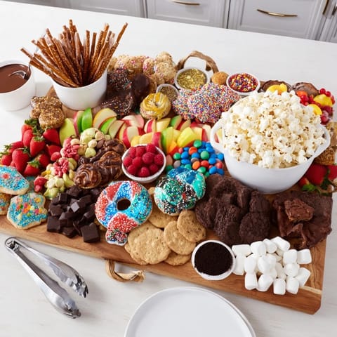 A delicious spread of dessert board featuring cookies, fruits, and dips.  