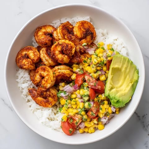 A beautifully arranged Easy Grilled Shrimp Bowl, showcasing the fresh corn salsa's bright colors and flavors.
