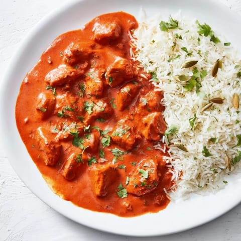 Fragrant Butter Chicken served with vibrant rice pilaf, a comforting and flavorful homemade meal.