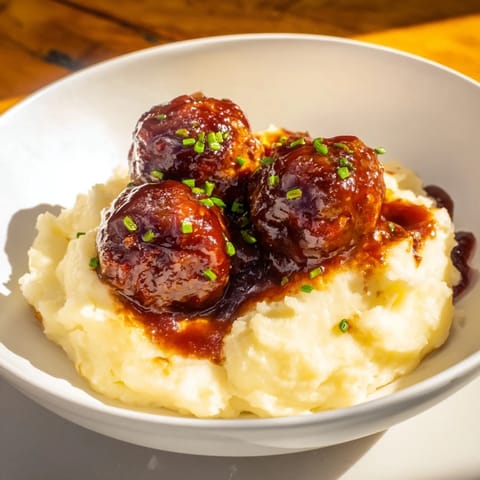 A close-up of savory BBQ meatballs and creamy mashed potatoes, ready for a delicious dinner.