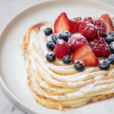 Quick Festive Pancake Spaghetti, a whimsical breakfast, features golden strands piled with fresh berries.