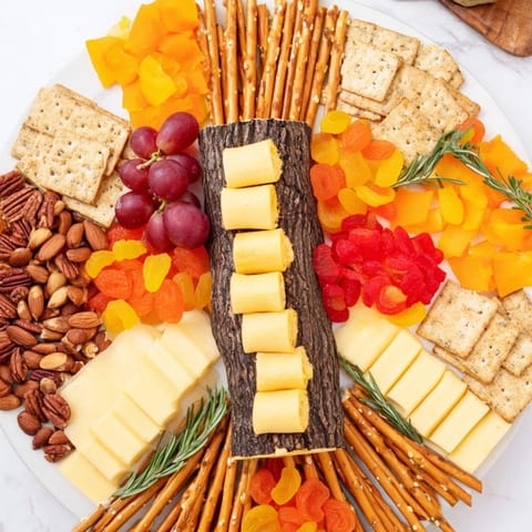 This enticing Flickering Fire Log Snack Board showcases a visually appealing, cozy appetizer with a crackling fire design.