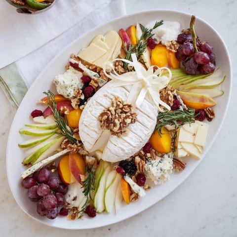 This Rugby Ball Cheese Board showcases creamy Brie next to Roquefort, with fresh fruit garnishes all around.