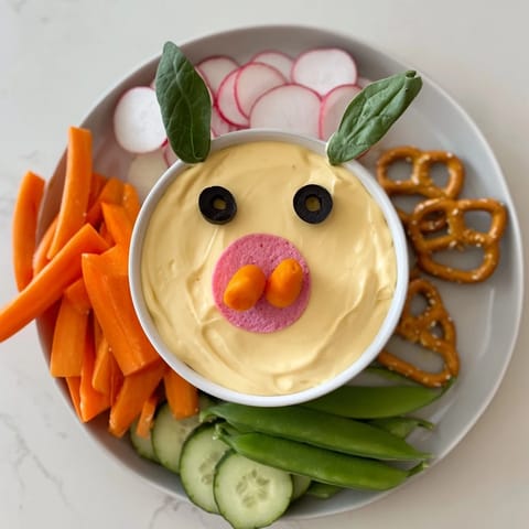 Creamy Piggy Face Dip with a pink-faced, veggie-decorated bowl and crunchy dippers.