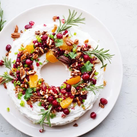 A close-up shot of the creamy Cranberry Feta Dip Wreath, garnished elegantly, perfect for any holiday party.