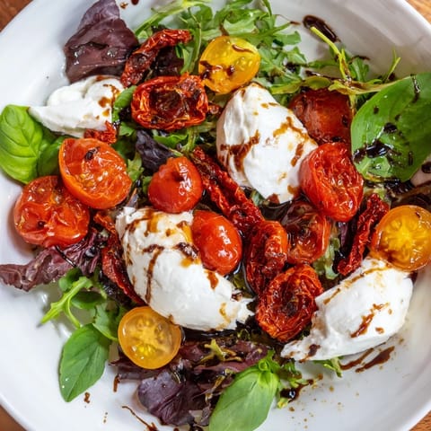 This Tomato Flight Salad shows a colorful mix of tomatoes, with creamy burrata ready to enjoy as a light meal.