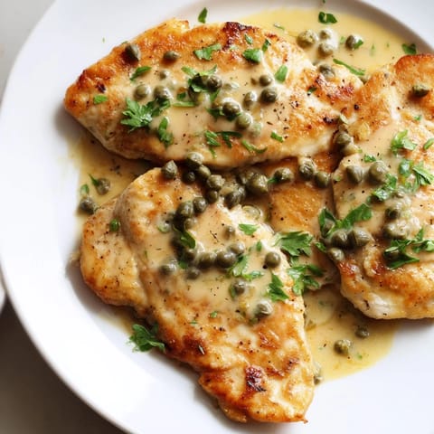 Creamy Chicken Piccata features pan-fried chicken breasts swimming in a rich lemon-caper cream sauce. 