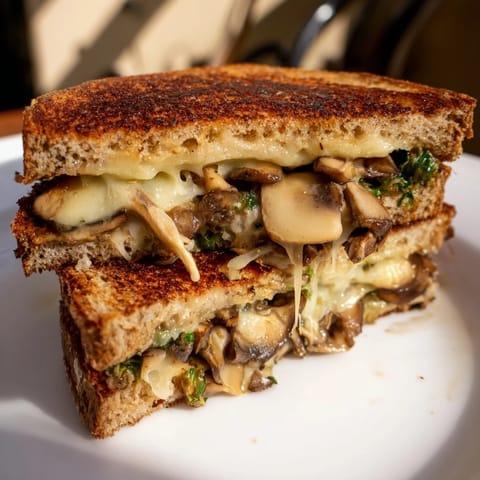 Buttery rye bread encases a molten core of Swiss cheese and earthy mushrooms in this classic Mushroom Swiss Grilled Cheese.