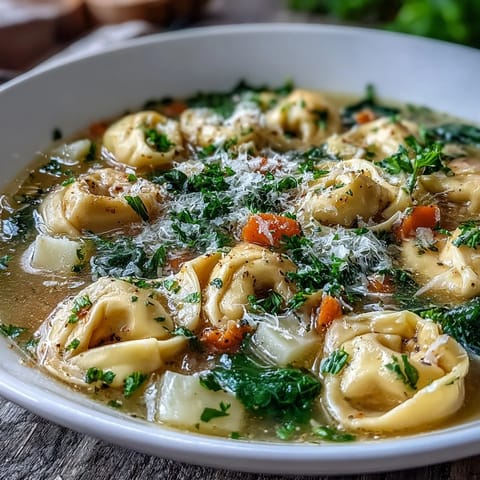 Creamy Easy Tortellini Soup With Chicken Broth steams in a bowl, garnished with parsley and Parmesan.