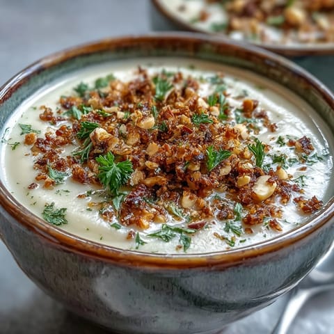 A spoonful of velvety celeriac soup is topped with crunchy, toasted hazelnut crumble for added texture.