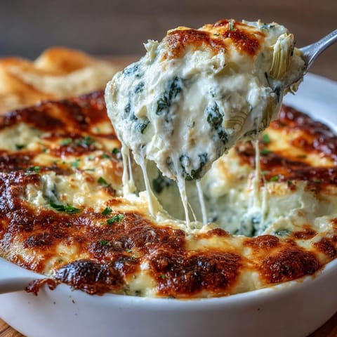 A close-up of creamy spinach artichoke dip with chopped artichoke hearts, fresh spinach, and melted cheese, ready for a party appetizer spread.