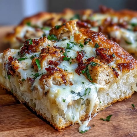 A slice of creamy Marry Me Chicken Pizza showcases the rich Parmesan sauce, tender diced chicken, and vibrant herbs.