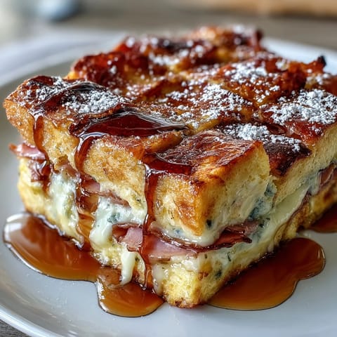 Monte Cristo Breakfast Casserole slice reveals layers of ham, turkey, Swiss cheese, and cinnamon-vanilla soaked bread.