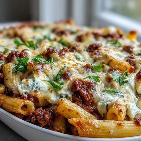A rustic kitchen scene shows a serving of Cottage Cheese Protein Pasta Bake with Ground Beef being scooped onto a plate.