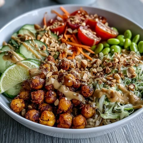 A freshly drizzled Peanut Chickpea Protein Bowl topped with chopped peanuts and lime wedges for serving.