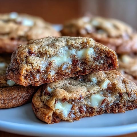 Golden-brown Hojicha White Chocolate Cookies with melty white chocolate chips on a rustic wooden board.