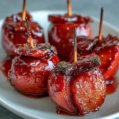 Bite-sized candy apple pieces on toothpicks, coated in glossy red candy for a fun, festive treat.