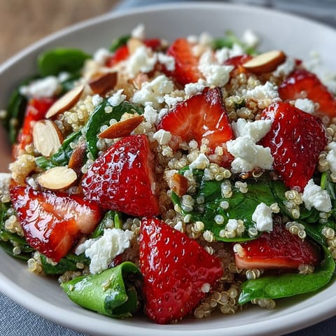 Fresh strawberry feta quinoa salad with balsamic dressing, perfect for spring picnics or light lunches.  