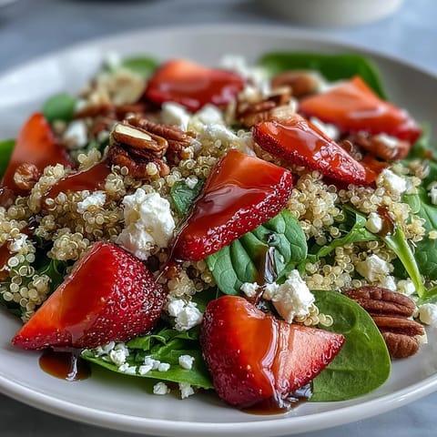 Colorful strawberry feta quinoa salad with baby spinach, almonds, and tangy balsamic vinaigrette for a satisfying vegetarian meal.  