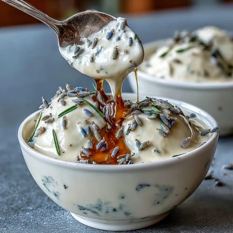 Creamy honey lavender panna cotta infused with fragrant lavender buds, topped with a golden honey drizzle.