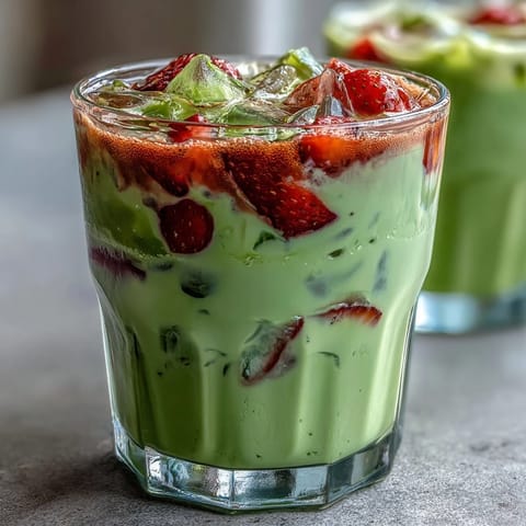Creamy oat milk topped with earthy matcha and fresh strawberry puree for a refreshing vegan latte.