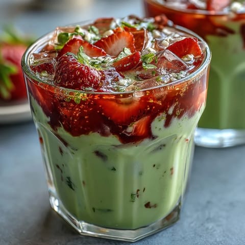 Vibrant strawberry matcha latte with oat milk, layered in a tall glass for a stunning summer drink.