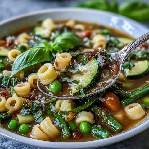 Spring Minestrone soup with vibrant vegetables, tender pasta, and fresh herbs in a steaming bowl, garnished with Parmesan and basil.